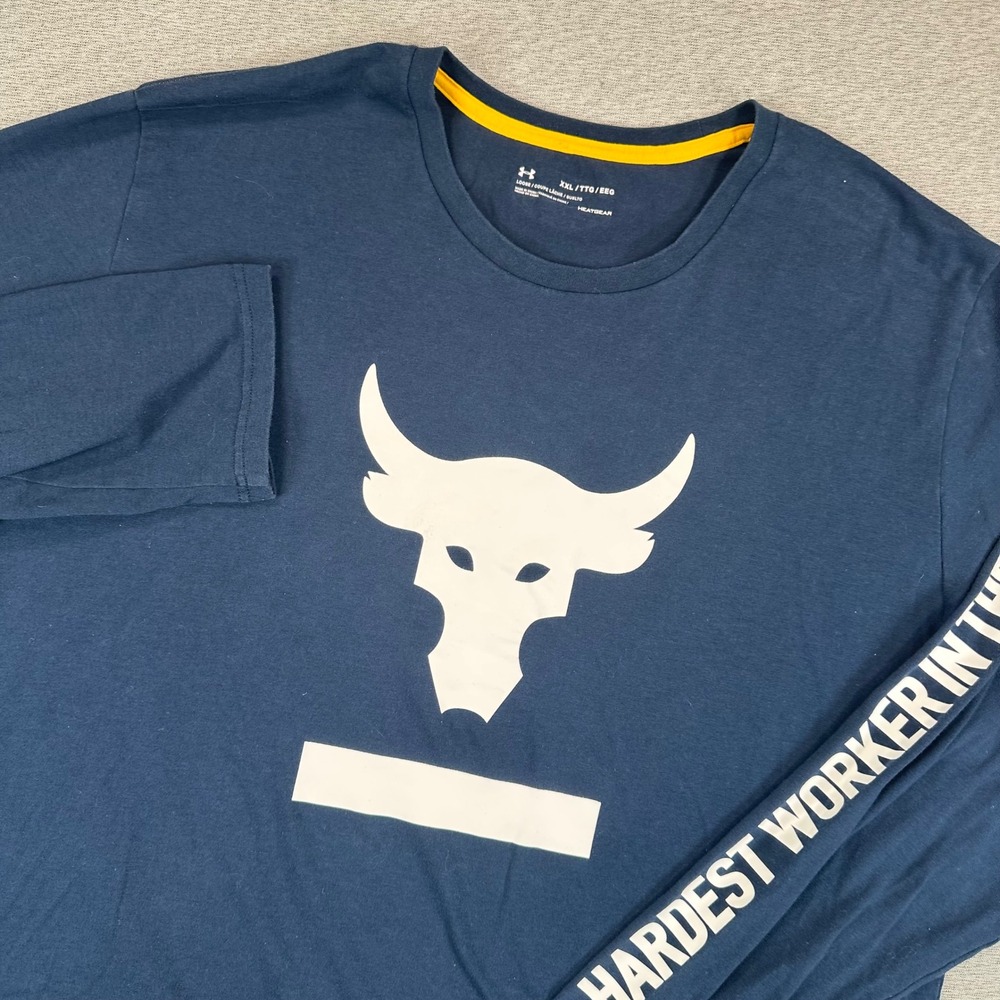 Under Armour Project Rock Long Sleeve Shirt Mens XXL Navy Blue Brahma Bull